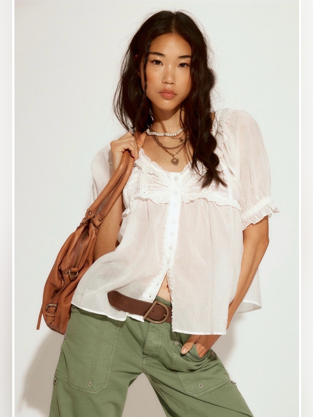 Free People Sweet Nothings Blouse - White Ruffle-Trim Button Front Top NWOT